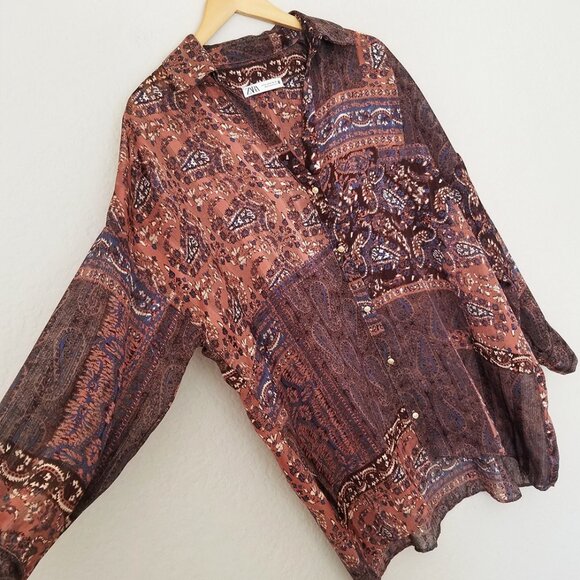 Zara Patchwork Shirt Blouse Top M Oversized Paisley Boho Brown Semi Sheer Collar - Picture 11 of 16